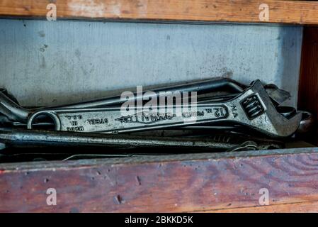 Swift Current, SK/Canada- May 1, 2020: A collection of old wrenches in an old workshop Stock Photo