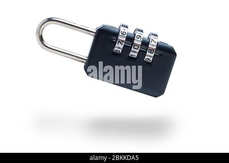 Padlock with code on a white background. Levitation. Isolated. Close up. Stock Photo