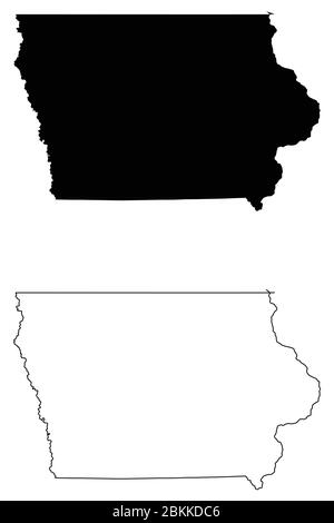 Iowa IA state Maps. Black silhouette and outline isolated on a white background. EPS Vector Stock Vector