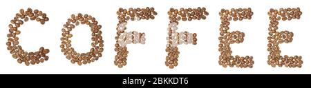 Word COFFEE arranged from coffee beans isolated on the white background Stock Photo