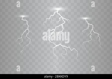 Set of lightnings isolated on transparent background, vector illustration Stock Vector