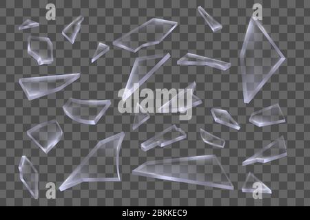 Realistic transparent pieces of broken glass on transparent background, vector illustration Stock Vector