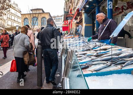 A fish stall at Noailles fish market in Marseille. Marseille, France, January 2020 Stock Photo