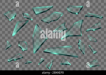 Realistic transparent pieces of broken glass on transparent background, vector illustration Stock Vector