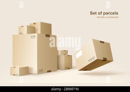 Template of packages. Cardboard boxes for packing and transportation of goods. Vector concept illustration. Stock Vector