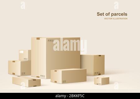 Template of packages. Cardboard boxes for packing and transportation of goods. Vector concept illustration. Stock Vector