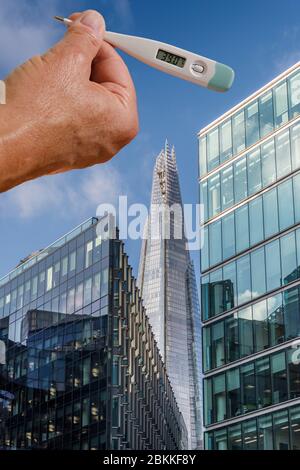Hand holding thermometer with high temperature with office buildings in background - Coronavirus concept Stock Photo