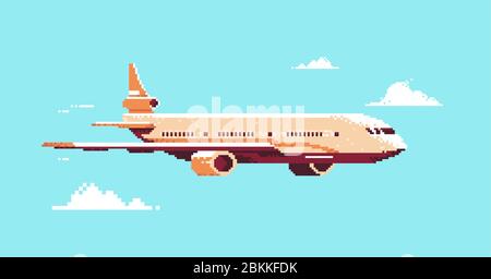 pixel art plane aircraft flying in sky air passenger transport airline service concept horizontal vector illustration Stock Vector