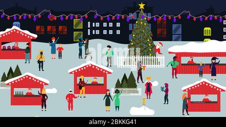 Christmas market vector people winter holiday xmas flat illustration. Red stall with crowd and celebration tree. New year background banner season dec Stock Vector