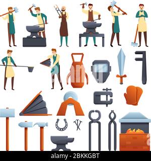 Blacksmith icons set. Cartoon set of blacksmith vector icons for web design Stock Vector