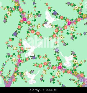 White pigeons fly among flowering branches of trees. Bright spring romantic background. Vector Stock Vector