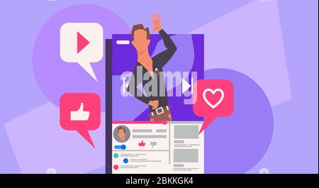 Man blogger vector illustration communication internet. Online blog on smartphone concept social mobile network. Review for like video content live st Stock Vector