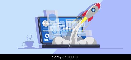 Launch new startup project from laptop vector illustration. Business success solution flat design technology. Start creative rocket up to sky banner. Stock Vector