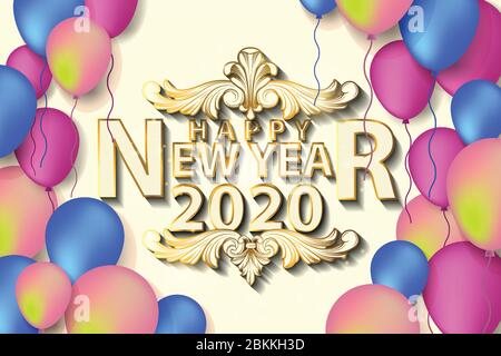 2020 Happy New Year Background. Colorful concept with Balloon and Ornament. Suitable for Seasonal Flyers and Greetings Card Stock Vector