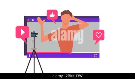 Blogger recording media video on camera. Digital technology broadcast online network illustration. Vlog stream live multimedia. Connection cyberspace Stock Vector