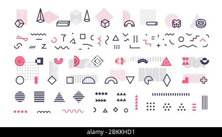Simple geometric lines, memphis style shapes and patterns, big collection for memphis design decorate, decorative geometrical elements set Stock Vector