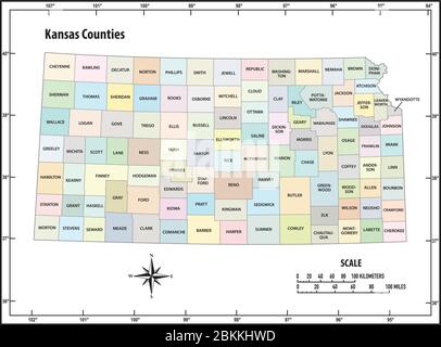 Kansas state outline administrative and political vector map in color Stock Vector