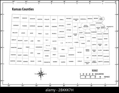 Kansas state outline administrative and political vector map in black and white Stock Vector