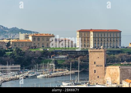 Two of the most famous historic landmarks of Marseille Old Port: the Palais du Pharo and the Fort Saint-Jean Stock Photo