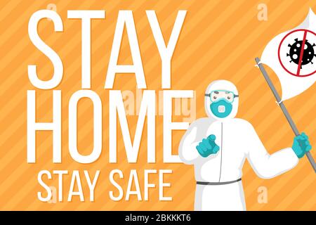 Vector motivation illustration with doctor in  protective suit with face mask holding flag with icon stop coronavirus on orange background. Stock Vector