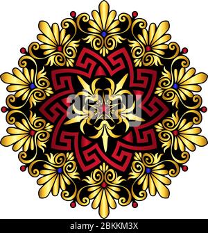 Traditional vintage gold and red circle Greek ornament and floral pattern on white background Stock Vector