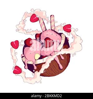 Hand drawn pink ice cream with strawberry in coconut with milk cream and sliced strawberry in comix style. Colorful vector illustration of ice cream Stock Vector