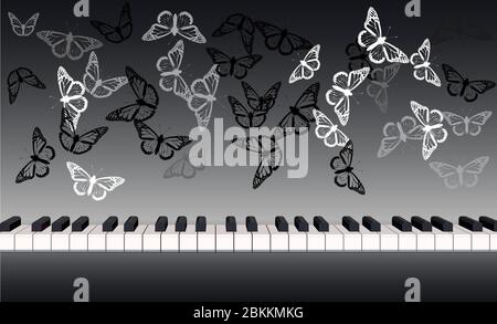 Piano keyboard banner panoramic front view with butterflies Stock Vector