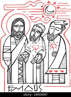 Hand drawn vector illustration or drawing of Jesus Christ with two disciples at Emaus Stock Vector