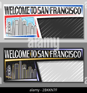 Vector layouts for San Francisco with copy space, voucher with line illustration of san francisco city scape on day and dusk sky background, design to Stock Vector
