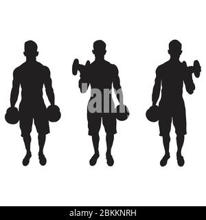 A set of silhouette depicting man doing alternating bicep curls arm exercise isolated on a white background. EPS Vector Stock Vector