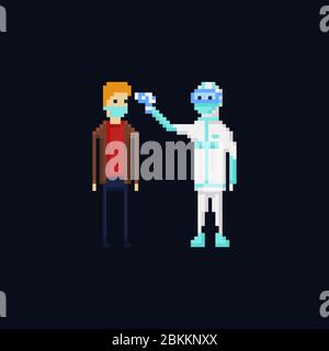 Pixel art vector illustration of a medic wearing a protective suit measuring temperature of a man with a sterile disposable medical face mask Stock Vector
