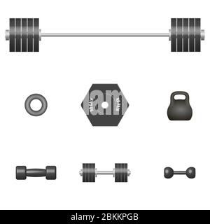 Set of 3D sports equipment items. Elements design for gym and fitness room. Front view, vector illustration. Stock Vector