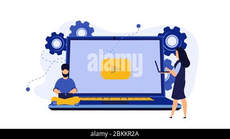 Student watch online video vector education illustration background with laptop. Study course learning distance webinar personal. Training business cl Stock Vector