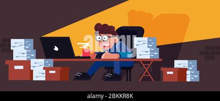 Business busy paper work vector workflow accountant man vector. Workaholic secretary with computer laptop illustration. Overworked pile desk document Stock Vector