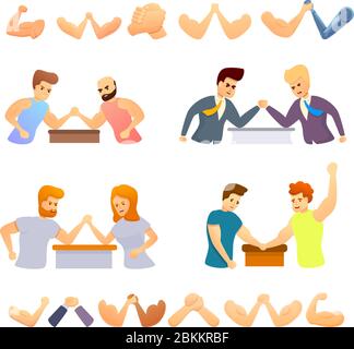 Arm wrestling icons set. Cartoon set of arm wrestling vector icons for web design Stock Vector