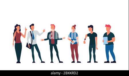 Business people discussing vector flat illustration. Businessman teamwork office meeting communication concept. Talking brainstorming character conver Stock Vector