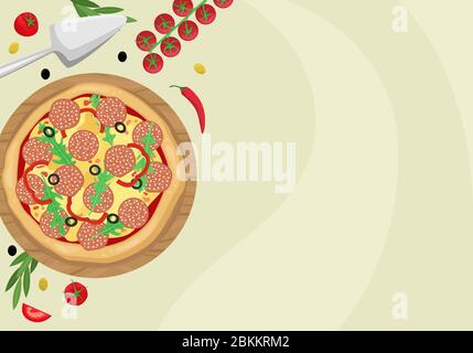 Pizza with salami, olives and cheese in a cardboard box. The view from the top. Vector template with space for text. Stock Vector