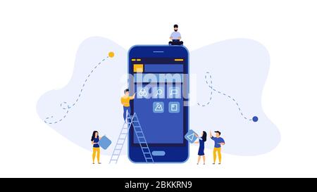 Mobile app development vector concept illustration design. Application create business phone web interface screen. Flat developer construction smartph Stock Vector