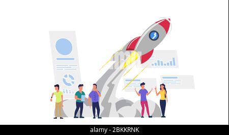 Business analytics in cloud arrow vector leadership company. People challenge teamwork up. Flat job marketing concept illustration. Growth with rocket Stock Vector