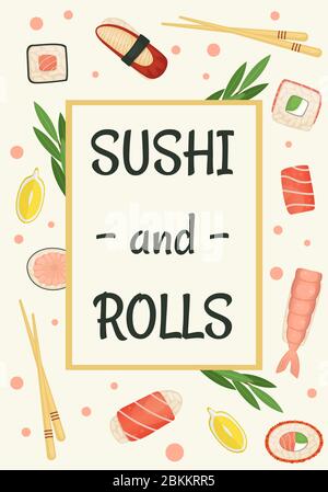 Vector illustration with space for text in a frame. Sushi and rolls top view. Stock Vector