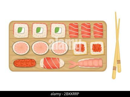 Set of sushi and rolls on a wooden Board. Japanese food. Flat lay illustration. Stock Vector