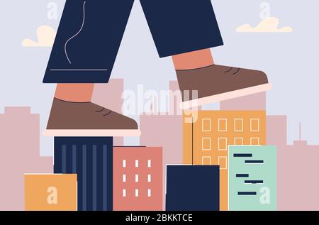 Cartoon human foot in shoes going on roofs of houses vector flat illustration Stock Vector