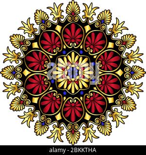 Traditional vintage gold and red circle Greek ornament and floral pattern on white background Stock Vector