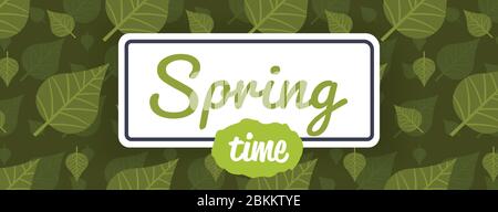 spring poster green leaves background seamless pattern lettering greeting card horizontal vector illustration Stock Vector