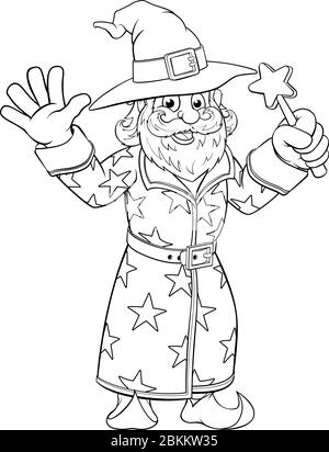 Wizard Merlin Cartoon Coloring Book Page Stock Vector