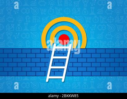 Success and achieving dreams. Ladder placed against brick wall towards target, blue background. Creative illustration Stock Photo