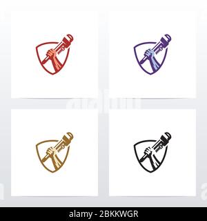 Hand Holding Monkey Wrench Logo Design Stock Vector