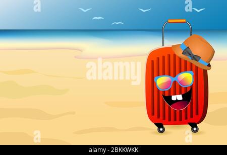 Suitcase on the beach. Summer discounts and sales banner. Vector illustration. Travel accessories.. Stock Vector