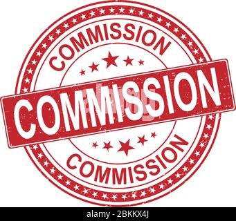 COMMISSION seal stamp with corroded texture. Rubber seal imitation has circle medallion form and contains ribbon. vector rubber print of COMMISSION Stock Vector