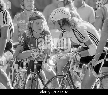 American cyclist Rebecca Twigg, a member of the women’s 7-11 cycling team, left, and German Sandra Schumacher on the starting line before the start of  the Coors International Bicycle Classic bike race on August 15, 1985 in Grand Junction, CO. Photo by Francis Specker Stock Photo